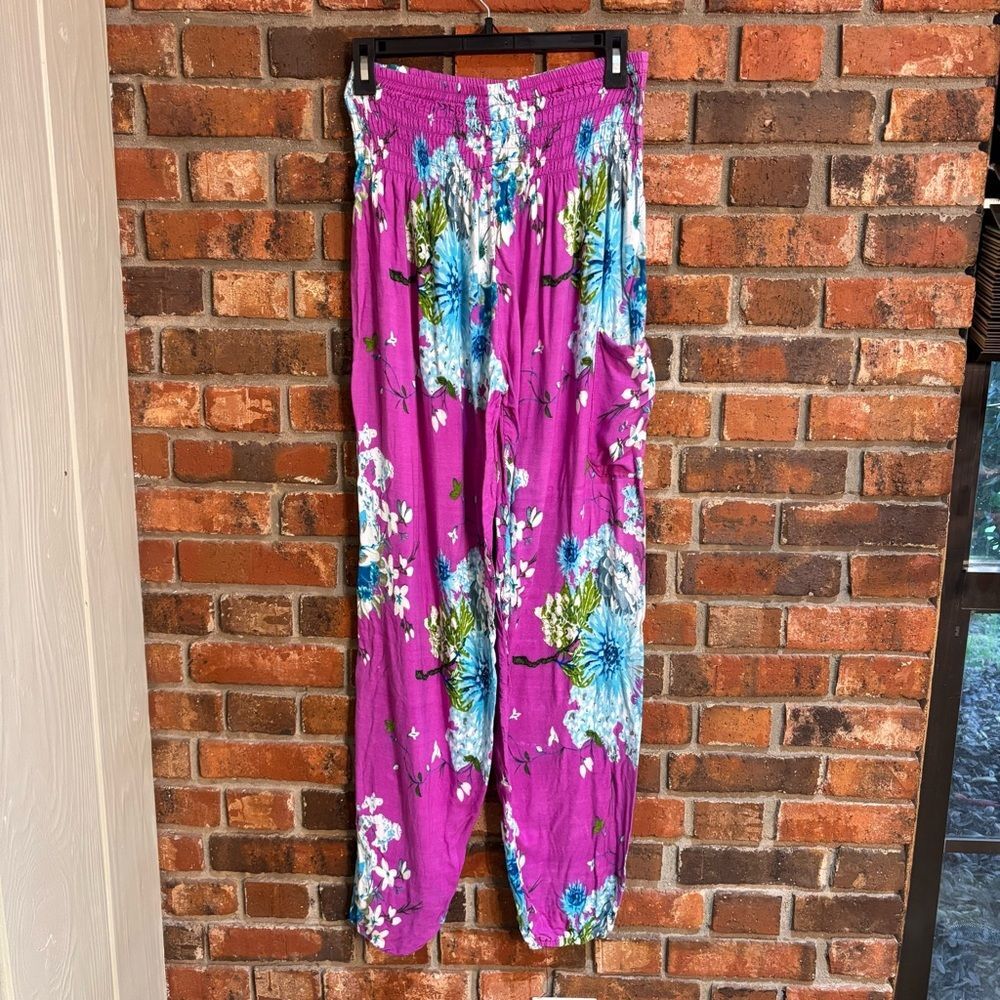 Womens floral smocked boho hippie harem pants pockets pink S